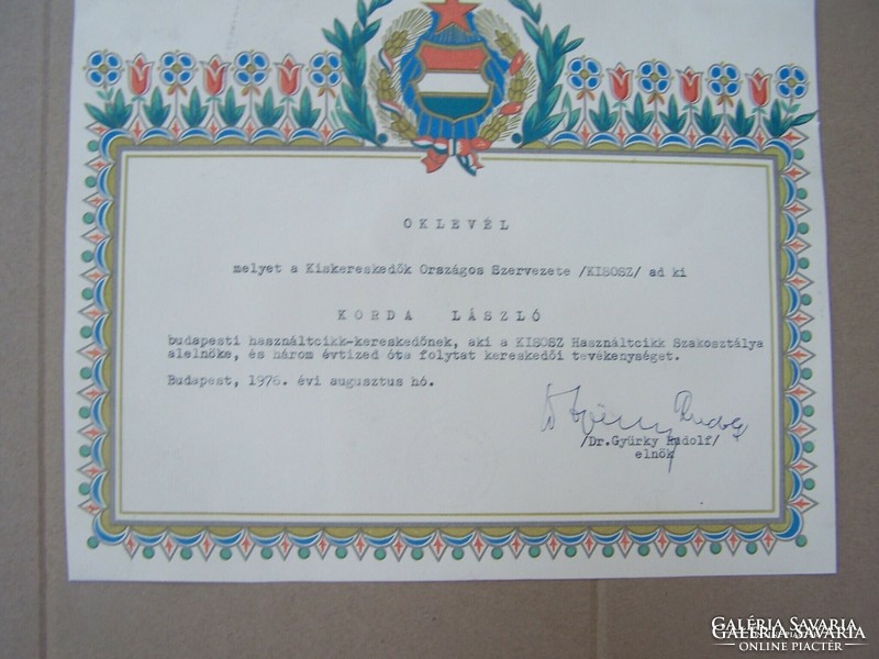 Certificate with Kádár coat of arms for the vice president of Kisos 1976 25 x 20 cm with small damage