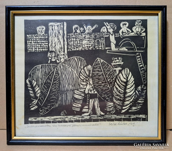 Interesting things in our swimming pool - a woodcut by a German or Austrian artist - a contemporary modern picture