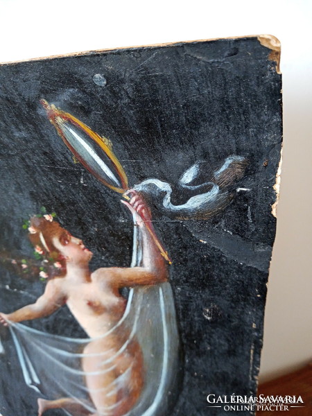 Fátylas női akt tükörrel; kartonra festett olajkép