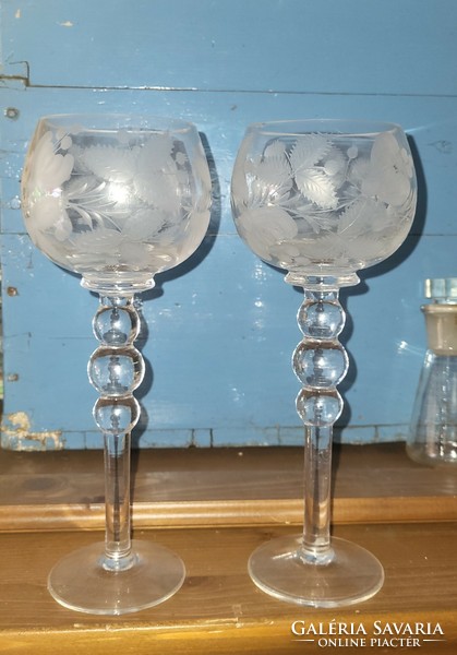 2 db hatamas csiszolt pezsgős kristály üveg pohár, talpas, esküvői, 23 cm magas