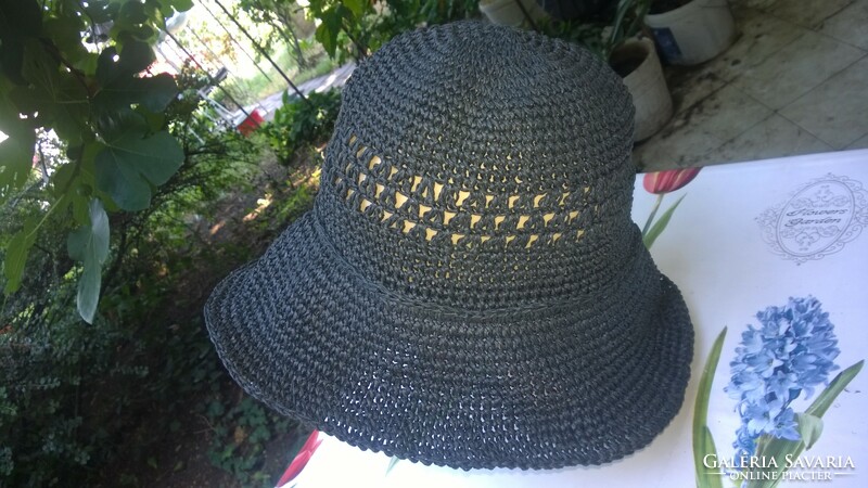 Beach hat-summer hat faux raffia-crocheted, black dia.35 Cm