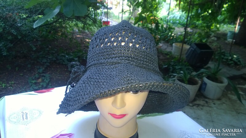 Beach hat-summer hat faux raffia-crocheted, black dia.35 Cm