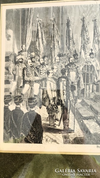 Coronation of József Ferenc 1867 Matthias Church in Buda marked Vinzenz Katzler engraving + frame