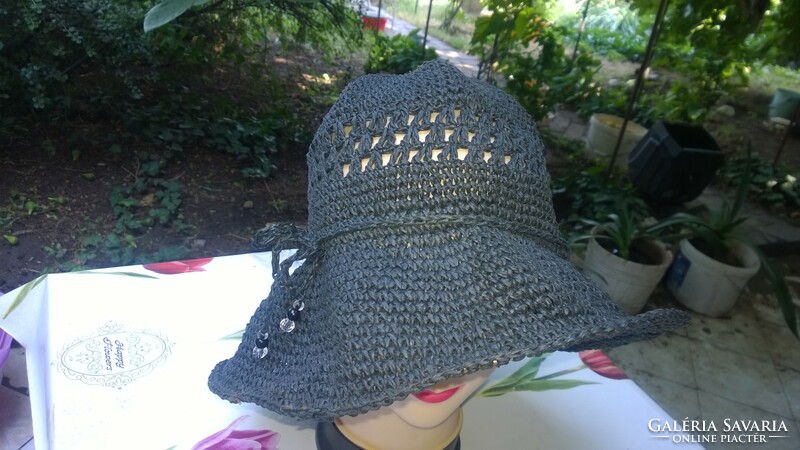 Beach hat-summer hat faux raffia-crocheted, black dia.35 Cm