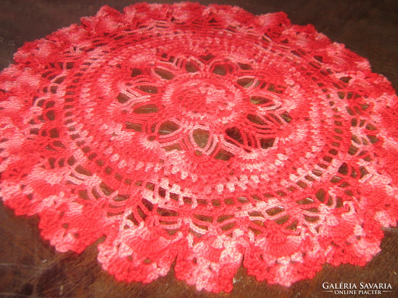 Beautiful red transition hand crocheted round lace tablecloth