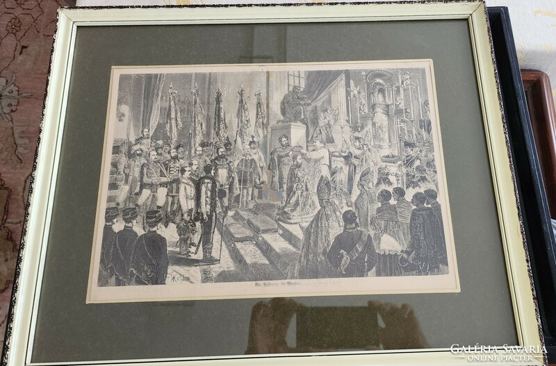 Coronation of József Ferenc 1867 Matthias Church in Buda marked Vinzenz Katzler engraving + frame