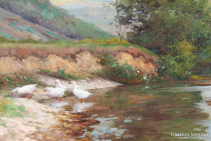 Tibor Szontágh: landscape with stream and geese