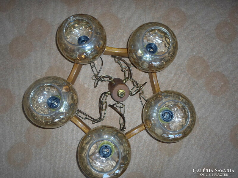 Five-branched wooden chandelier, lamp with a glass shade
