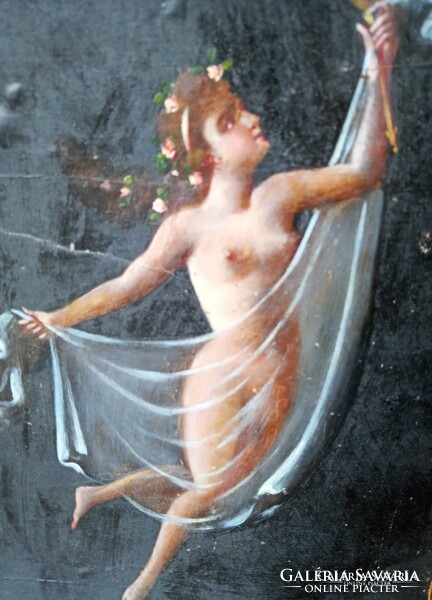 Fátylas női akt tükörrel; kartonra festett olajkép