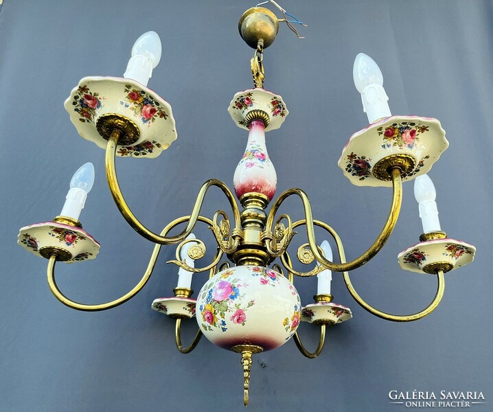 Chandelier with majolica inlay, painted flowers, eagle.