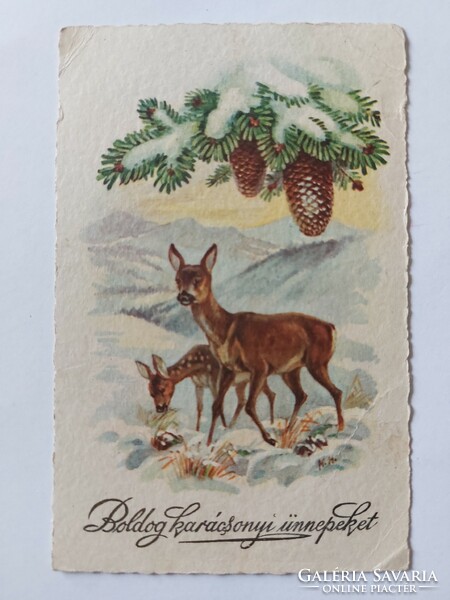 Régi karácsonyi képeslap 1935 őzikék toboz