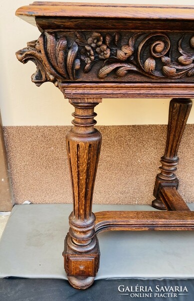 Lion head carved oak console table. Renovated