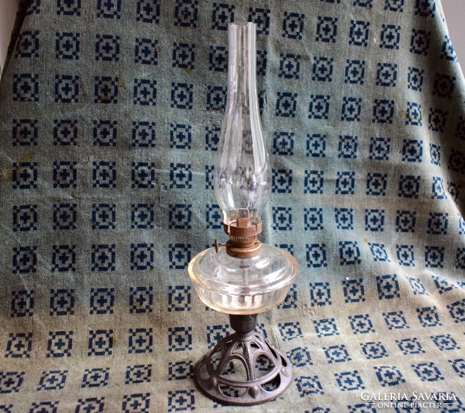 Petroleum lamp, antique, art nouveau, cast iron base, glass lamp body 39 cm