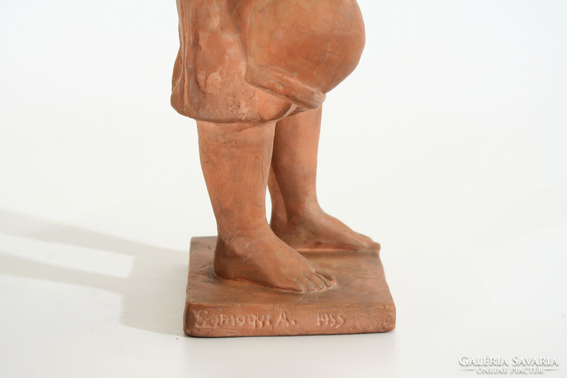 Árpád Somogyi 1955. Water-carrying woman 35cm terracotta sculpture | ceramic figure with a jug, a girl with a jug