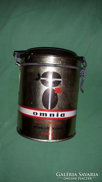 Antik OMNIA kávés bakelittetős csatos lezárós 250 g  fém lemez kör doboz 14 x 10 cma képek szerint