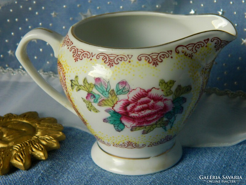 Beautiful floral porcelain breakfast set for 2 people, cups with small plates, pouring