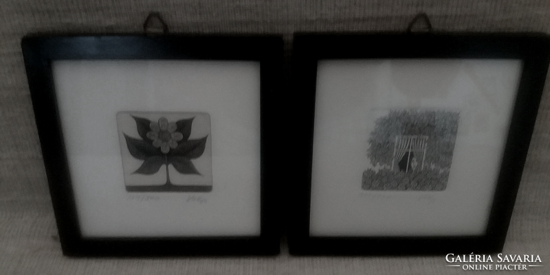 2 small mini-etched pictures with signature in the lower right corners and in a frame