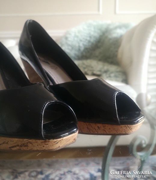 Venturini 40-40.5-Es black casual eco shoes, full cork sole, 10 cm heel, 26 cm bth