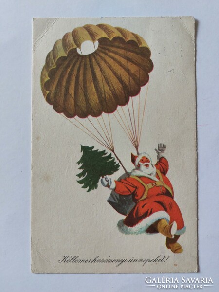 Old Christmas postcard Santa Claus parachute