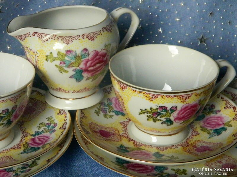 Beautiful floral porcelain breakfast set for 2 people, cups with small plates, pouring