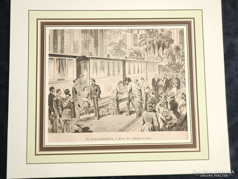 Queen Sissi's son Rudolf heir to the throne Princess Stefania wedding arrival 1881 contemporary marked engraving