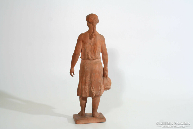 Árpád Somogyi 1955. Water-carrying woman 35cm terracotta sculpture | ceramic figure with a jug, a girl with a jug
