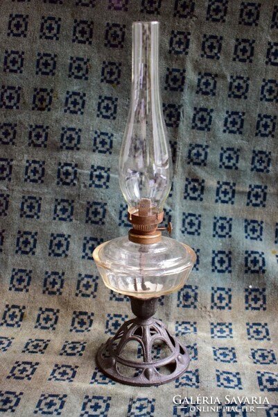 Petroleum lamp, antique, art nouveau, cast iron base, glass lamp body 39 cm