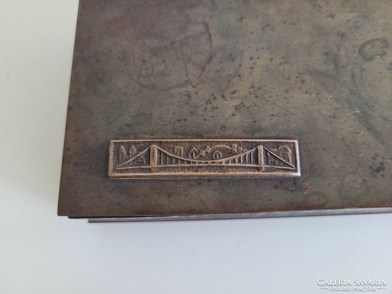 Old retro copper bronze applied art gift box chain bridge Budapest memento mid century souvenir