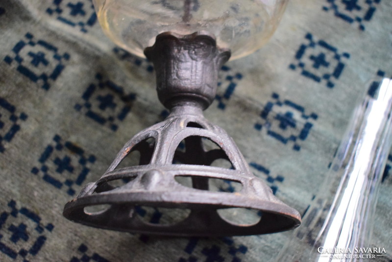 Petroleum lamp, antique, art nouveau, cast iron base, glass lamp body 39 cm