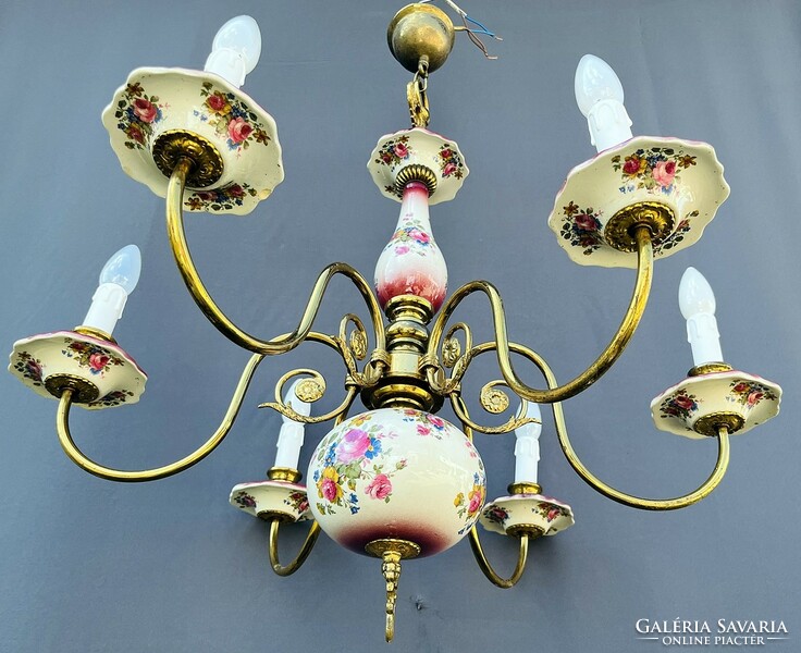 Chandelier with majolica inlay, painted flowers, eagle.