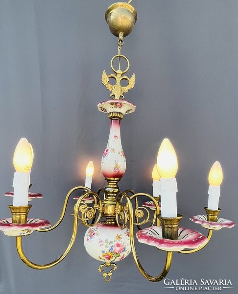 Chandelier with majolica inlay, painted flowers, eagle.