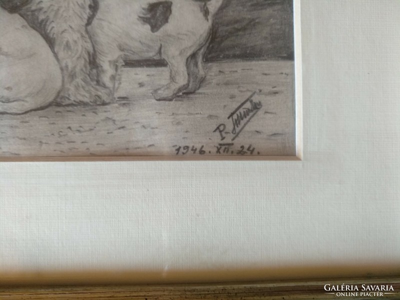Pencil drawing, dog family, signed, in new frame, negotiable