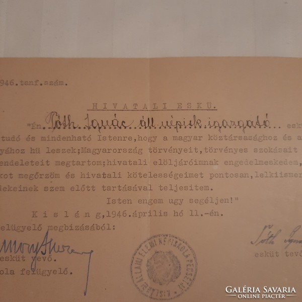 The oath of office of the director of the Kisláng state folk school, 1946