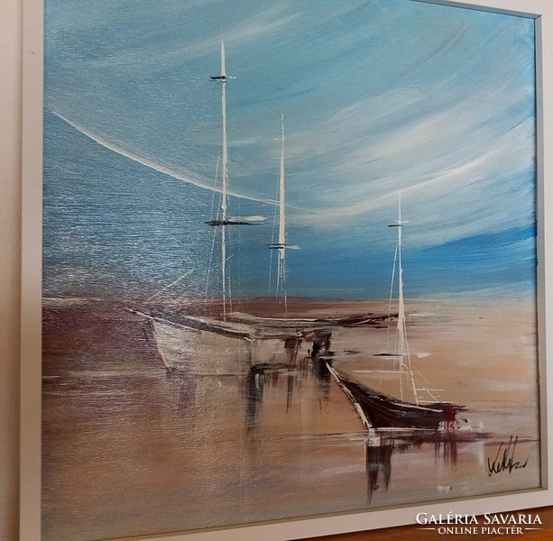"Csónakok a parton"festmény keretben. 40 x 40 cm(Mosonmegyei tárlat)
