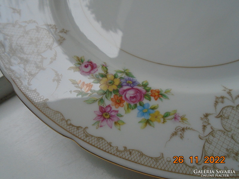 Antique Czech thun colorful flower bouquet and baroque rosary enamel grid pattern marked serving bowl