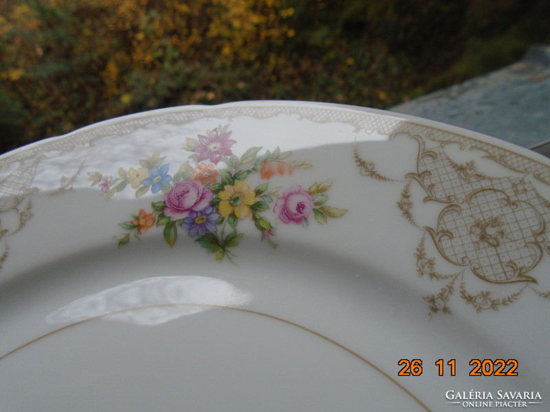 Antique Czech thun colorful flower bouquet and baroque rosary enamel grid pattern marked serving bowl
