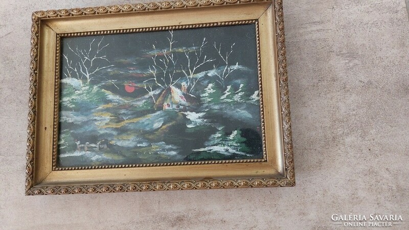 (K) Tájkép kis házikóval festmény 31x29 cm kerettel