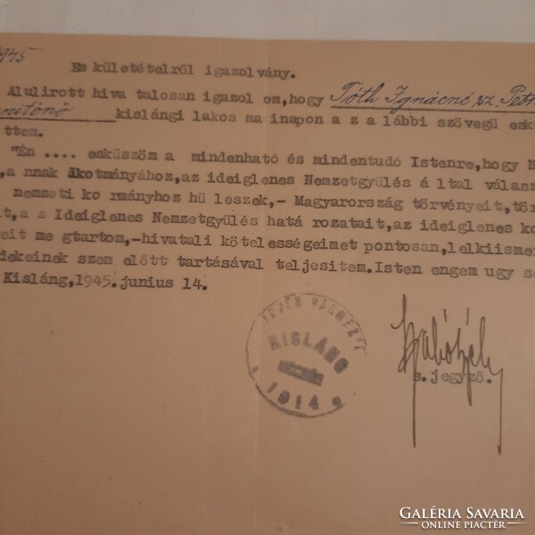 Certificate of the swearing-in of a teacher from Kisláng, 1945