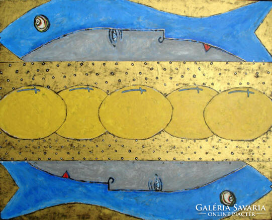 Two Fishes, Five Breads (2009),  Acrylic on Canvas,  100 x 80 cm. Mitko Zhelezarov Bulgaria Painting
