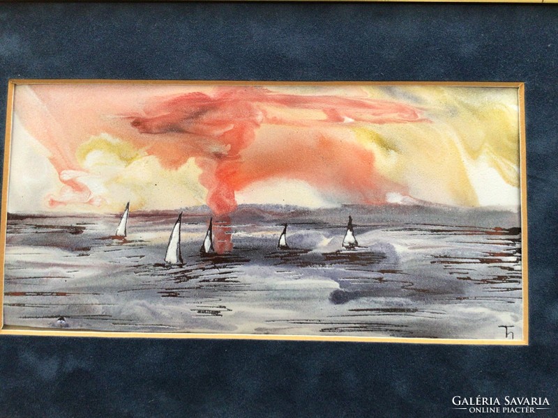 Hilda Szabóné tóth sunset at lake - fire enamel picture frame: 30 x 20 cm, picture size: 19x10 cm jjl.