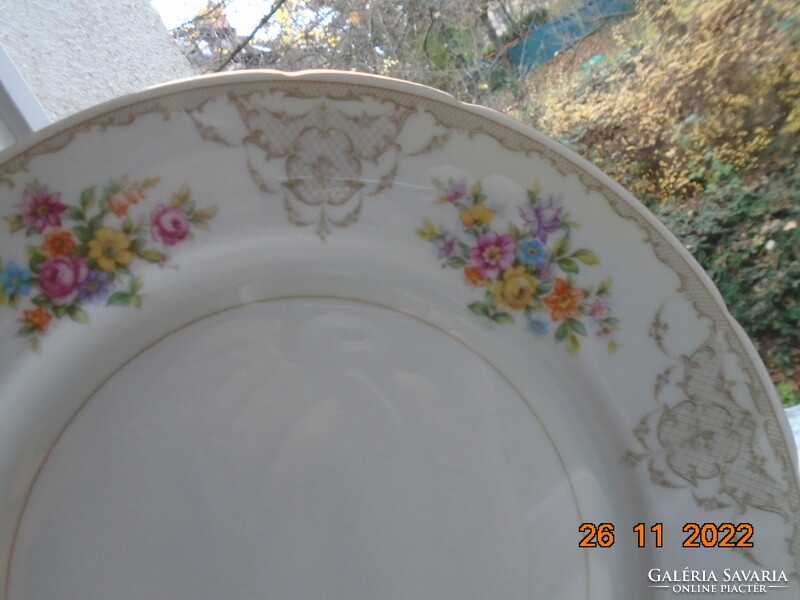 Antique Czech tk thun colorful flower bouquet and baroque rosary enamel grid pattern marked serving bowl