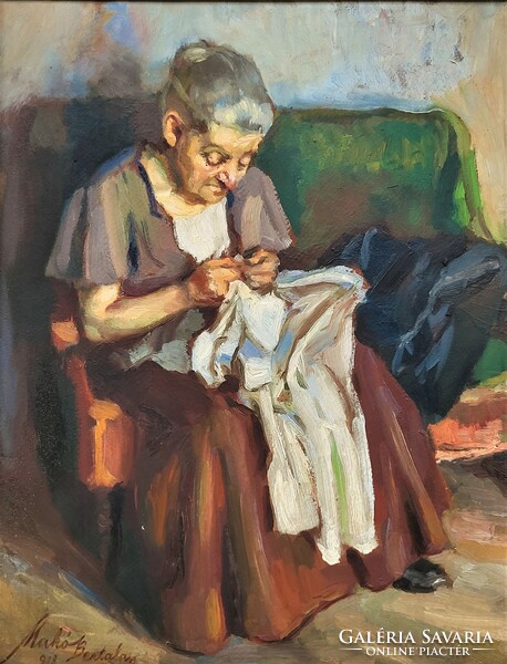 Bertalan Makó (1890 - 1970) old sewing lady from 1918 c. Your painting with an original guarantee!