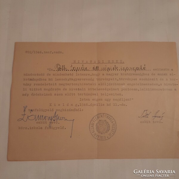 Kislángi állami népiskolai igazgató hivatali esküje 1946