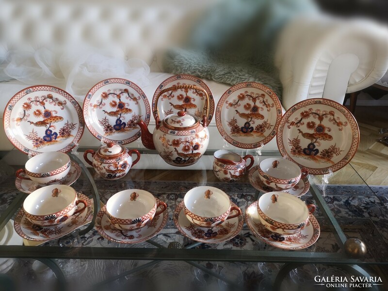 Japán 5 személyes tojashéj porcelán teáskészlet, aranyozott pávamotívum