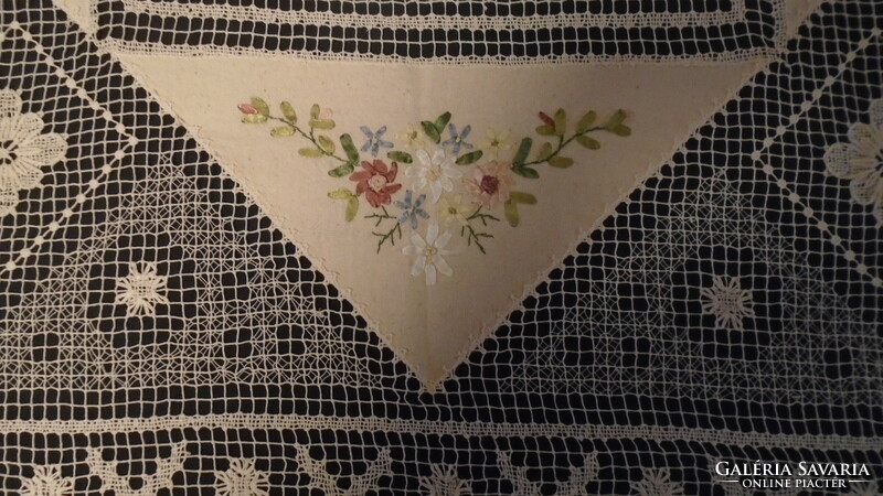 Beautiful old ecru center table cloth needlework ribbon embroidery