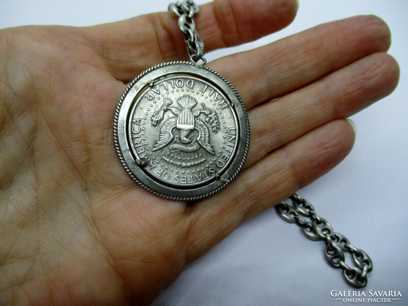 Kennedy half dollar in silver pendant on thick silver chain