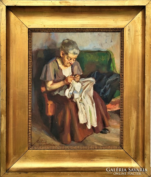 Bertalan Makó (1890 - 1970) old sewing lady from 1918 c. Your painting with an original guarantee!