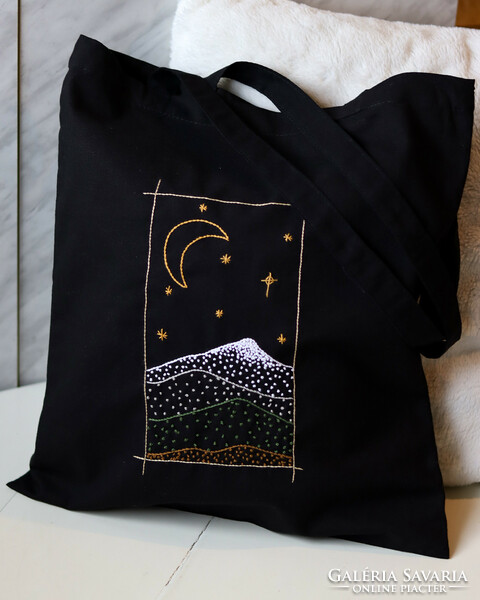 Moonlit landscape - embroidered canvas bag