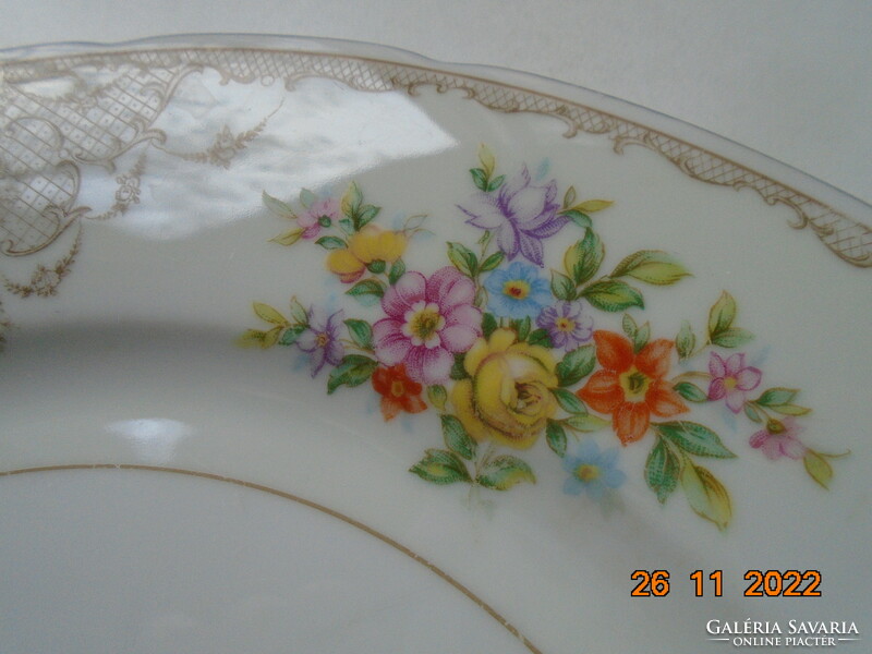 Antique tk thun colorful flower bouquet and baroque rosary enamel grid pattern marked serving bowl