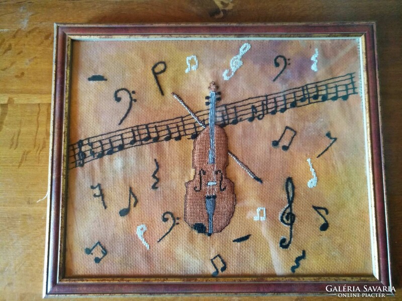 Violin, cross-stitch embroidery, 42x34 cm, in a new frame, negotiable